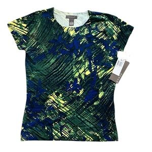 KENAR Silk Blend Green Blue Abstract Short Sleeve Knit Top S